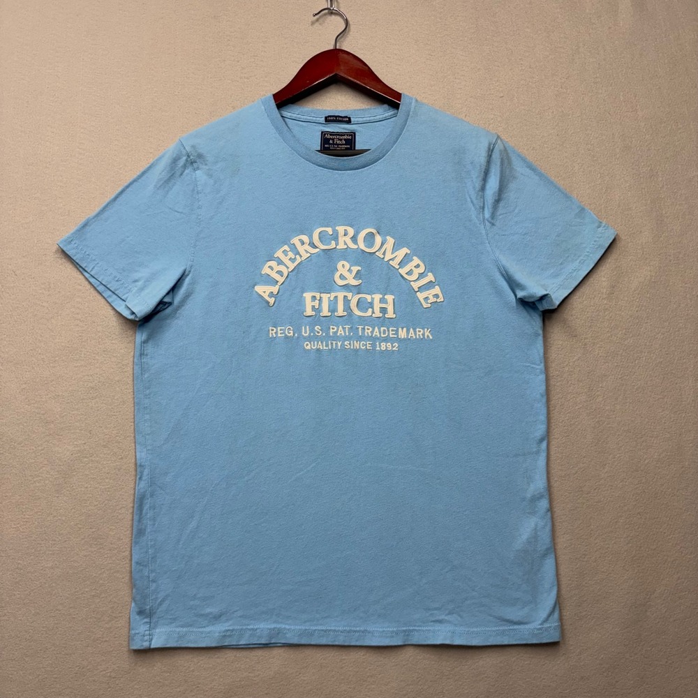 Abercrombie & Fitch T-Shirt Mens Large Light Blue Logo Embroidered Y2K Cotton